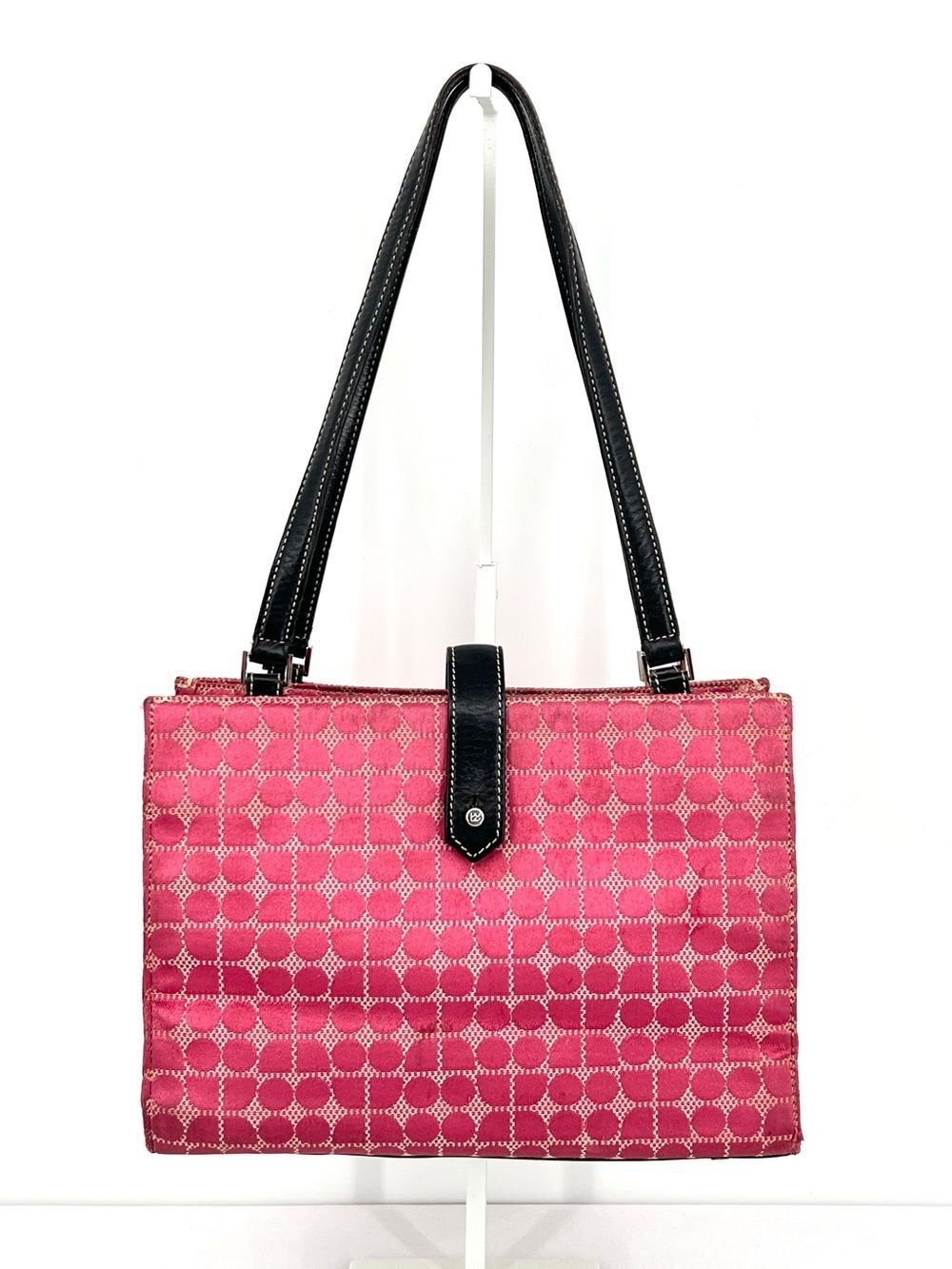 Vintage Y2K Kate Spade Noel Dot Pink Jacquard Black Leather Tote Shoulder Bag